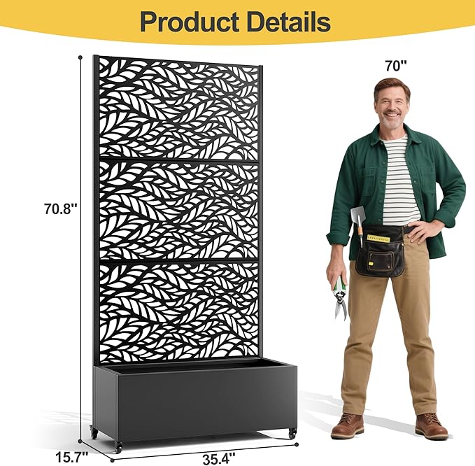 Raised Garden Bed with Trellis and Wheels,73"x35"x16" Metal Raised Garden Bed,Black Flowing Leaf Metal Planter with Climbing Trellis for Vines & Vegetables