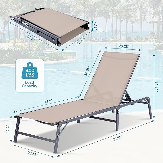 Outdoor Chaise Lounge Chair Set of 2, Foldable & Assemble-Free, 6 Adjustable Positions, Durable Rust-Resistant Frame, Portable Outdoor Pool Lounge Chairs for Pool Patio Beach, Khaki