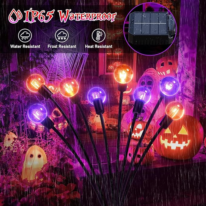 4Pack Halloween Decorations Outdoor, KELME Purple & Orange 32 LED Swaying Solar Halloween Lights Outdoor, 2 Modes Outdoor Halloween Decorations Decor Halloween Solar Lights for Party Yard Garden