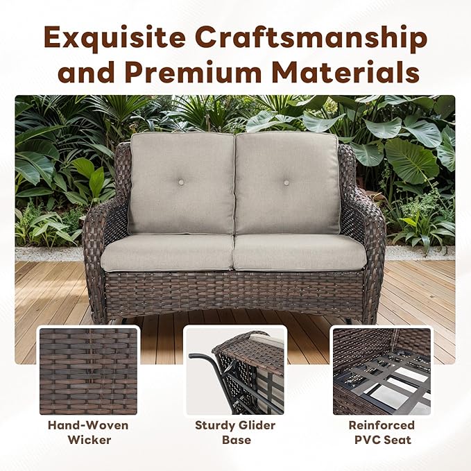 4 Piece Patio Furniture Set with Fire Pit Table - 41inch 50000 BTU Propane Fire Pit Table with High Back Loveseat Glider Chair and 2 Swivel Rocker Chair for Casual Gathering