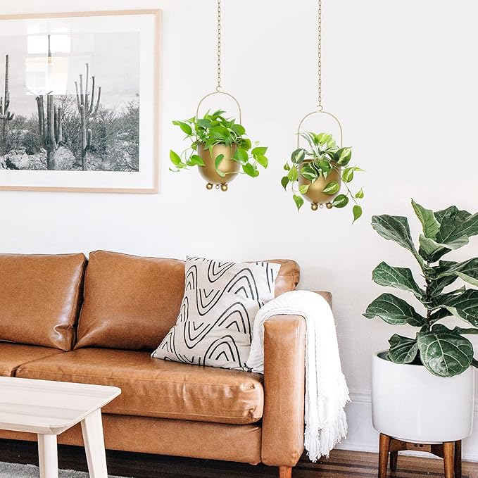 AceList Boho Gold Metal Hanging Planters, Set of 2 with Hooks & Chains - Versatile Wall & Ceiling Plant Hangers for Indoor/Outdoor Décor