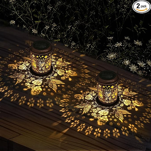 Kaixoxin 2 Pack Solar Garden Decor Metal Lantern Hummingbird Table Lamp Bronze Outdoor Dercoration Great Gift for Women Mon Grandma Hanging Lights for Patio Courtyard Garden