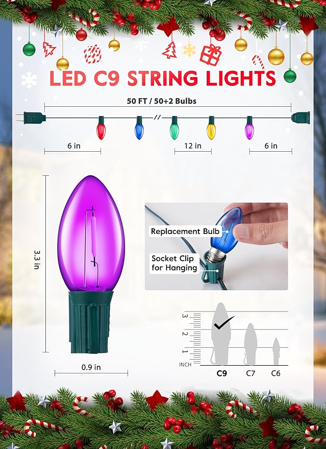 Vintage C9 LED Christmas Lights Outdoor, 50 Feet C9 String Lights with 50 Colored Shatterproof Bulbs, Connectable Waterproof Lights for Holiday Party Roofline Backyard Garden Patio, Green Wire