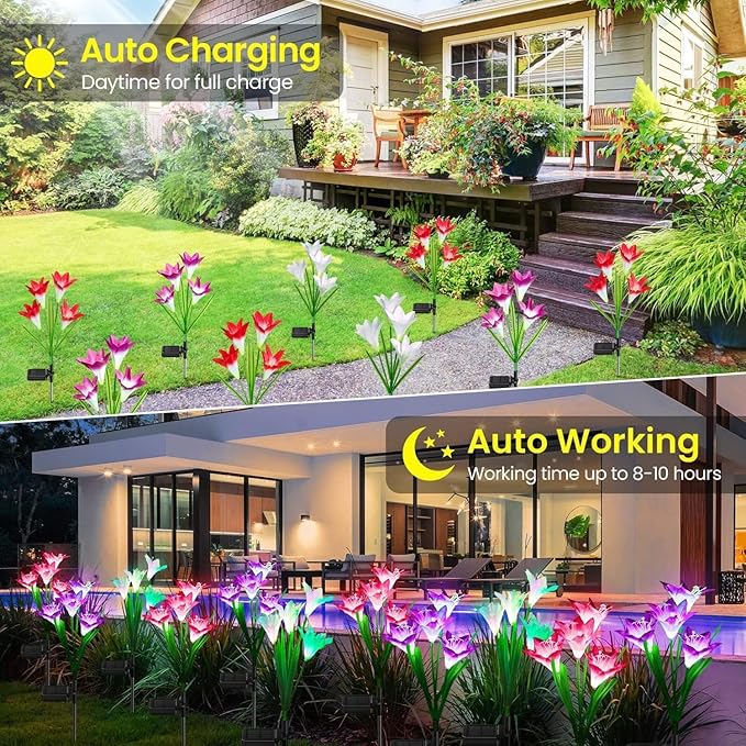 KOOPER Outdoor Solar Lights, 6 Pack Solar Garden Lights with Bigger Lily Flowers, Waterproof 7 Color Changing Solar Lights Outdoor - Bigger Solar Panel for Outdoor Patio Yard Garden Decoration