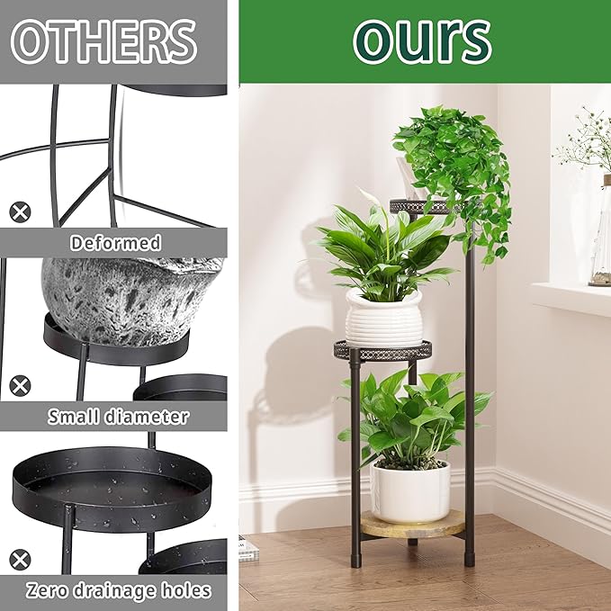 3 Tier Plant Stand Indoor,Metal Tiered Plant Shelves,Modern Corner Plant Shelf for Multiple Plants for Outdoor Living Room Balcony Garden Patio,Black