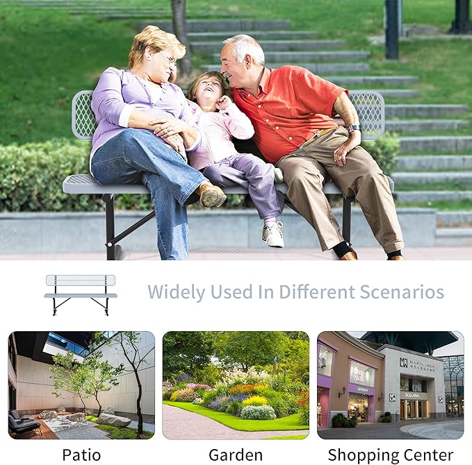 Heavy Duty Park Bench with Back Portable Frame, Outdoor Steel Bench with Backrest, Outdoor Park Bench Expanded Metal Mesh Bench for Lawn, Park, Deck, Garden, Patio, Porch, Black (Gray, 8FT)