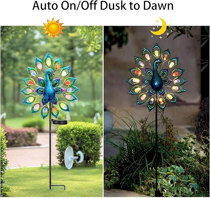 Outdoor Wind Spinner, Solar Garden Lights Metal Peacock Garden Decor,Solar Stake Lights Decorative for Patio Pathway Yard Decoration Mothers Day Ideal Gifts（Peacock Opens its Tail）