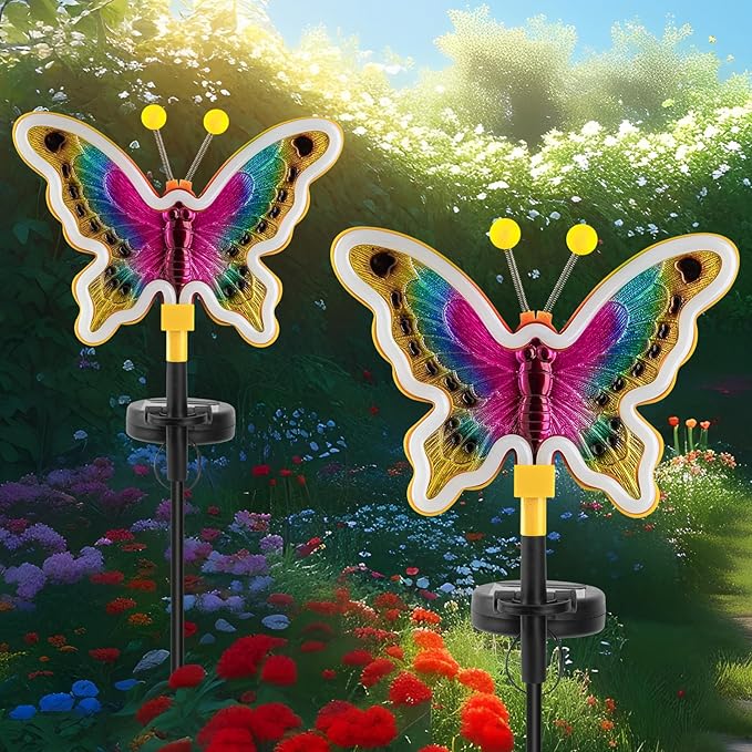 Solar Butterfly Lights,Solar Garden Decor, Outdoor Garden neon Lights,Butterfly Solar Stake Lights,Yard Patio Pathway Decoration Outdoor(Yellow, 2pack)