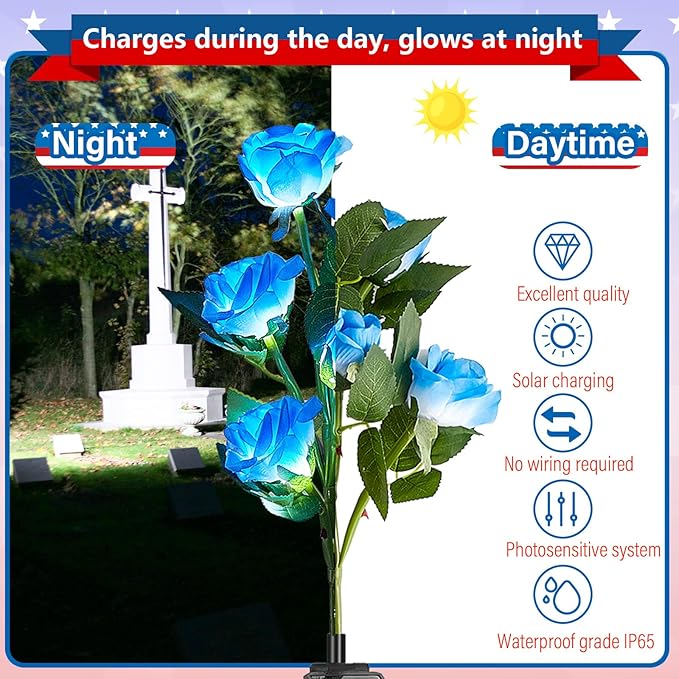 Woanger 4 Pcs Solar Flowers Cemetery Grave Decorations Outdoor LED Flower Lights with 6 Rose Powered Garden Stake Lights Waterproof for Independence Day Grave Decorations(Blue, White)
