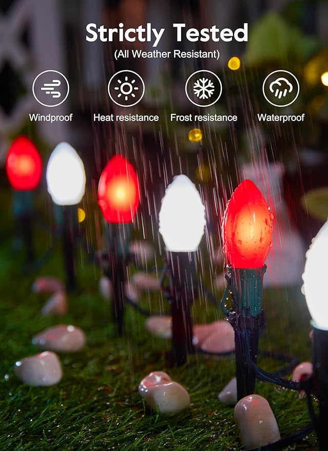 Frosted C9 Christmas Lights Outdoor, 25.7 Ft Christmas Pathway Lights with 20 LED Bulbs and Stakes, Connectable Christmas Yard Decorations Walkway Sidewalk Holiday, Red and White