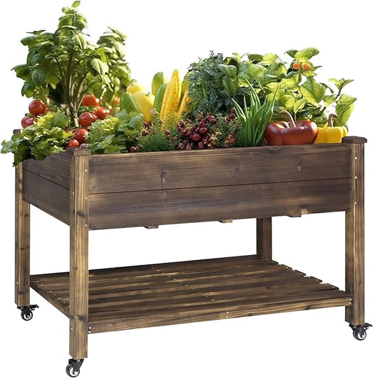 MUPATER 4x2FT Raised Garden Bed, Planter Box with Four Wheels and Legs for Herbs and Vegetables, Elevated Garden Bed with Drainage Holes for Outdoor Indoor, Rustic