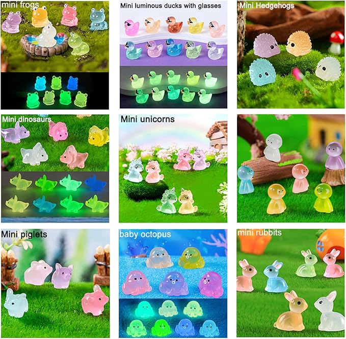150pcs Mini Resin Animals Figures to Hide Luminous Tiny Animals Ducks Dinosaurs Flamingos Miniature Figurines Glow in the Dark for Fairy Garden Dollhouse Landscape Aquarium Potted Party Favor Decor