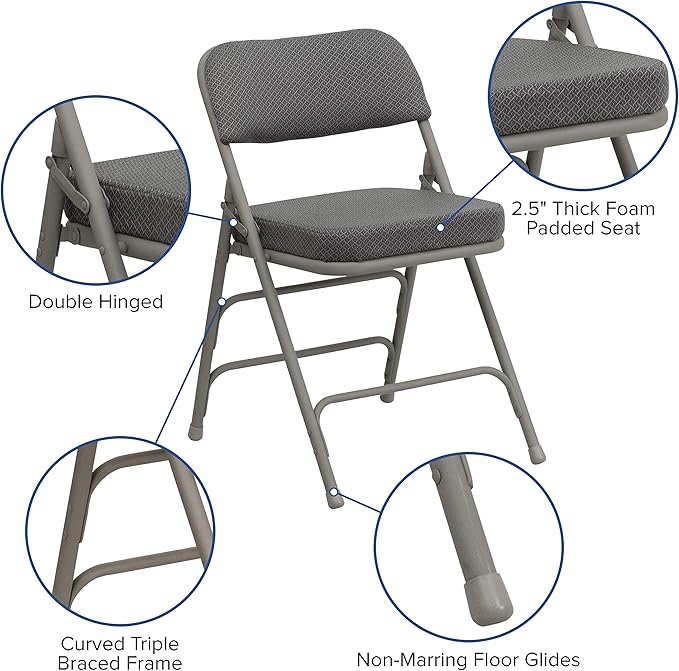 Flash Furniture Hercules Series Metal Folding Chairs with Cushioned Seat, Fabric Upholstered Event Chairs with 300-lb. Static Weight Capacity, Set of 4, Gray