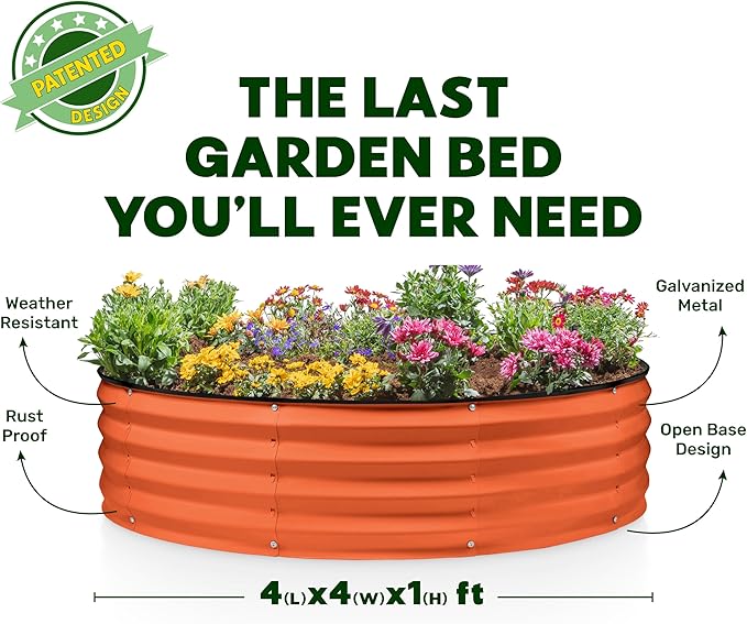 Round Galvanized Raised Garden Bed // 4×4×1 ft Galvanized Raised Garden Beds Outdoor for Gardening, Vegetables, Flowers // Tool-Free Assembly Patent Pending Round Planter (Orange)