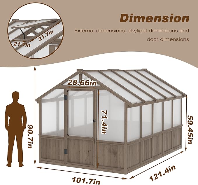 8x10 FT Greenhouse Kit with 6MM Thick Polycarbonate Panel for Outdoor, Wooden Walk-in Green House with Adjustable Roof Vent and Lockable Door, Backyard, Garden, Light Mocha Brown