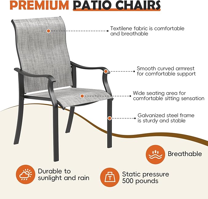 UDPATIO Patio Dining Chairs Set of 6, High Back Wide Seat Outdoor Furniture Chairs with All Weather Breathable Textilene, for Lawn Garden Backyard Deck, Grey White
