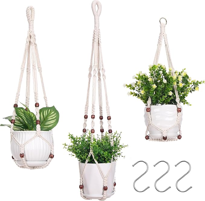 YIBOT 3 Pack Macrame Plant Hanger Indoor Hanging Planter Basket with 3 Hooks Flower Pot Holder No Tassels for Boho Home Decor 35"/29"/23"