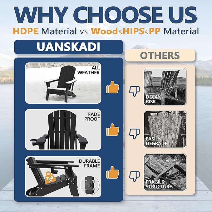 Folding Adirondack Chair Set of 4 with Cup Holder, HDPE All Weather Resistant Plastic Outdoor Patio Chairs, Heavy Duty Fire Pit Seating for Backyard Lawn Garden, Wooden Textured Design(Black)