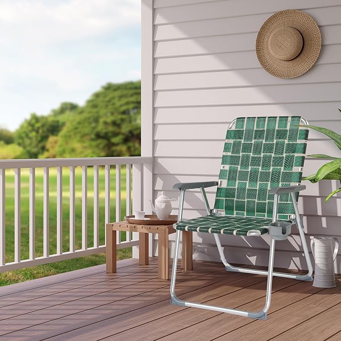 VINGLI Folding Webbed Oversized Lawn Chairs with Detachable Cup Holder, 300 LBS High Beach Chair for Adults Heavy Duty, Portable Aluminum Patio Chair for Yard, Garden, 2 Pack,Dark Green