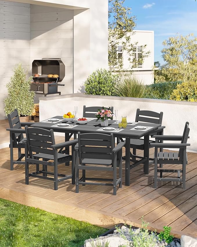 Patio Dining Set for 6 with Umbrella Hole - 66" Outdoor Table & 6 Chairs, All-Weather HDPE Outdoor Furniture for Lawn, Garden, Backyard, Poolside, Gray