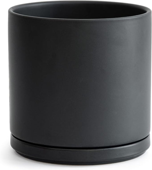 D'vine Dev 10 Inch Ceramic Planter Pot with Drainage Hole and Saucer, Indoor Cylinder Round Planter Pot, Black, 94-O-E-2