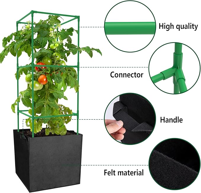 3 Packs 47 x 16 x 16 Inch Garden Tomato Cages with 17.7 Gallon Grow Bags- Square Plant Support Trellis Assembled with Planter Bags- Garden Cucumber Vegetables Frames for Vertical Climbing Plants