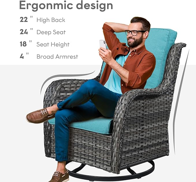 Outdoor Swivel Rocker Wicker Chairs Set of 3, High Back Swivel Patio Chairs Wicker Furniture Set, 2 PCS Rattan Swivel Rocking Chair with Side Table, Turquoise