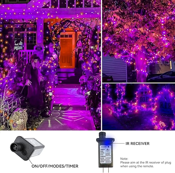Purple and Orange Halloween Lights, 800LED 330FT String Lights 8 Modes Timer Plug in Waterproof Indoor Outdoor Christmas for Garden Party Decoration, JT-EL/FC300V0200