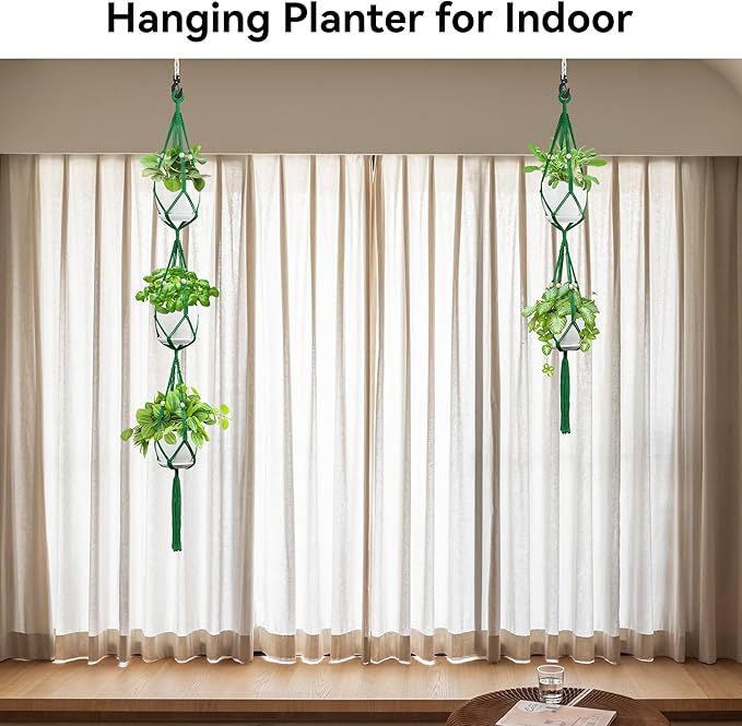 USLAI Macrame Plant Hanger Indoor Outdoor, Up to 4-15 inch Pot, Heavy 20lb Planters, Extra Long Strong Hanging Planter Basket Holder, Boho Home Decor, 49+72 Inch, Green (POTS NOT Included)