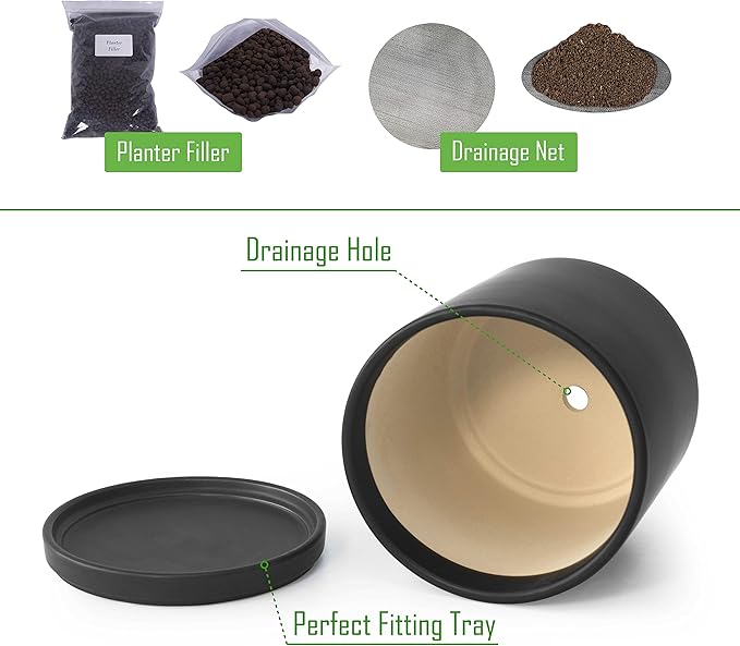 D'vine Dev 8 Inch Ceramic Planter Pot with Drainage Hole and Saucer, Indoor Cylinder Round Planter Pot, Black, 94-O-D-2