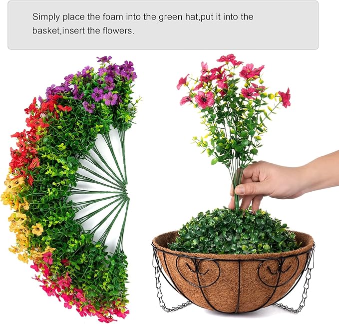 Artificial Faux Hanging Plants Flowers Basket for Summer Outdoor Outside Decoration, Fake Silk UV Sun Resistant Look Real Colorful Daisy Eucalyptus for Porch Home Patio Balcony Yard