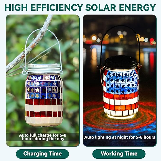 VOREEN 2 Pack Mosaic Solar Lanterns, Outdoor Glass Hanging Lights, Solar Table Lamps, Waterproof, American Flag Jar Lights Gifts, Patriotic Theme Decoration for Garden, Patio, Yard, Easter Gifts