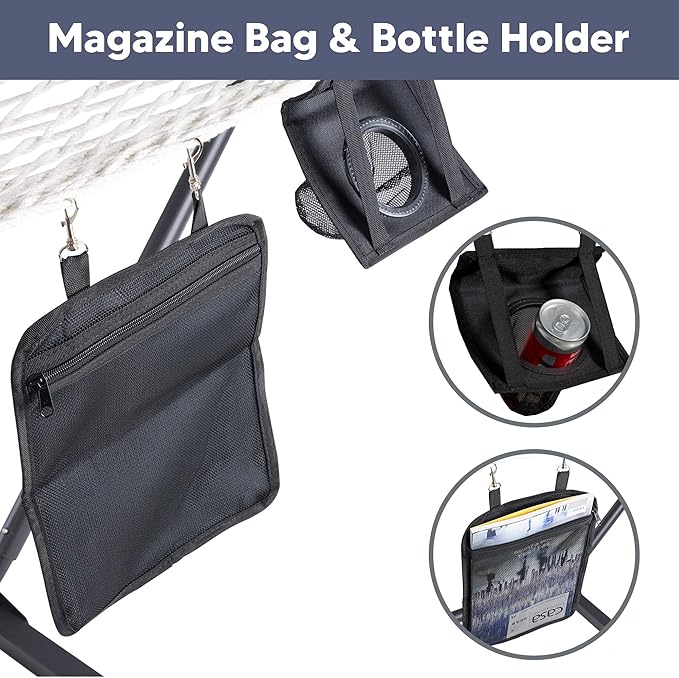 SUNCREAT Double Hammock with Stand, Two Person Cotton Rope Hammock, Blue Stripe