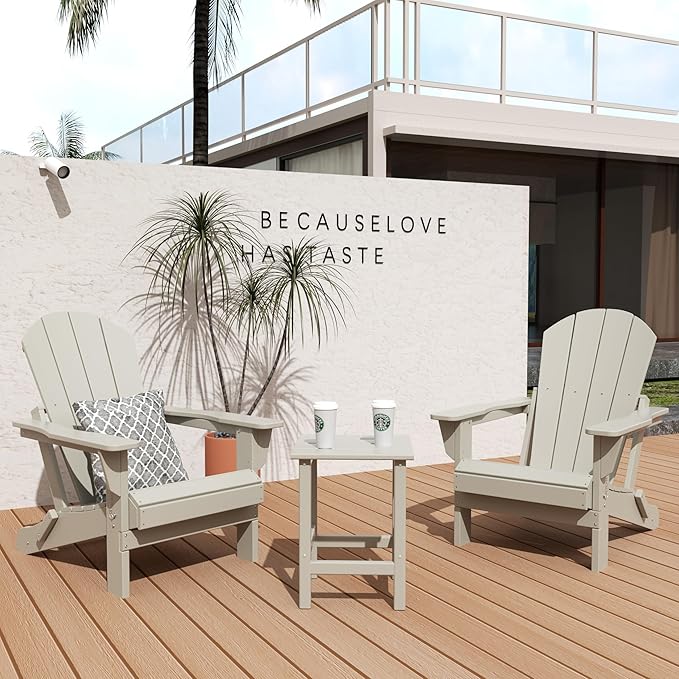 WO Home Furniture Adirondack Chair Table Set of 2 PCS Outdoor Folding Chair w Side Table Weather/UV Resistant for Lawn, Garden, Bon Fire, Balcony (Sand)