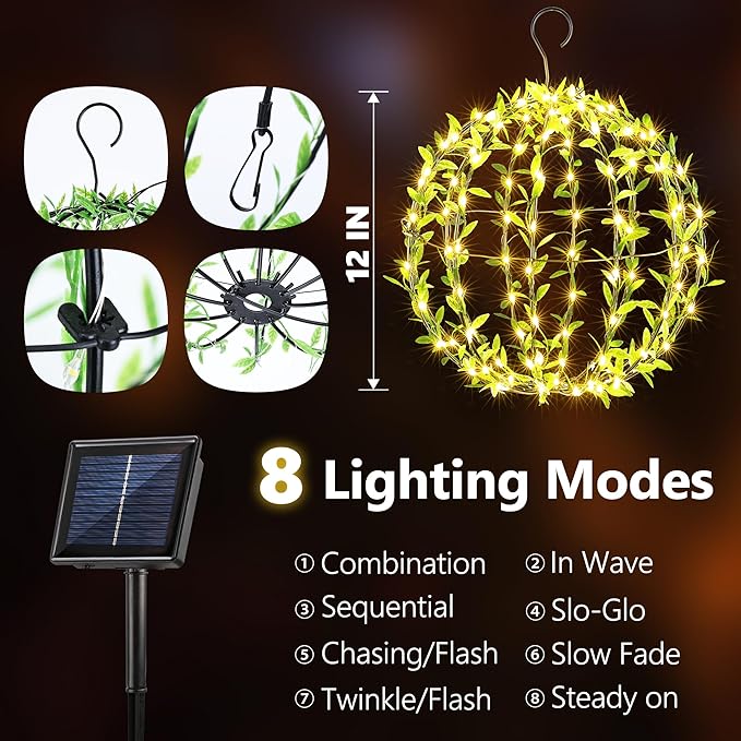 Solar Powered Hanging Iron Sphere Lights with Artificial Greenery – 12Inch 120 LED Waterproof Outdoor Decor Ball Light with Timer & 8 Modes – 2 Pack for Garden, Christmas, Weddings (Warm White)