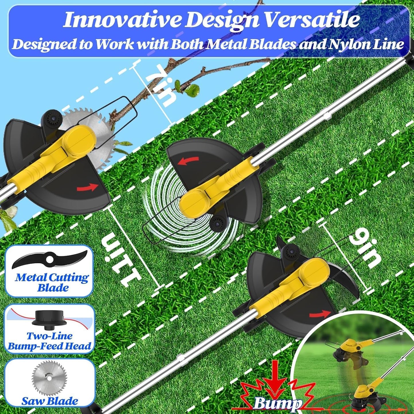 20000 RPM(4.0AhX1) Electric Weed Wacker,Dual-Durable-Line,Metal Blades,Wheel,4-in-1 Battery Powered Weed Eater Cordless+String Trimmer+Edger Lawn Tool+Brush Cutter,Weed Whacker,Weed Trimmer Lawn