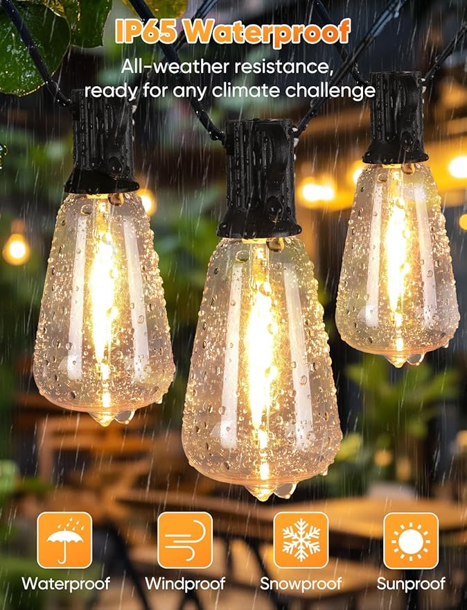 Brightever LED Outdoor String Lights, 150FT Dimmable Patio Lights with Remote Control, 45+2 Shatterproof ST38 Edison Bulbs, 3 Lighting Modes, 3H/5H Timer, Outdoor Hanging Light for Holiday, Party