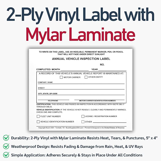 10 Pack Buck Annual Vehicle Inspection Label, 2-Ply Adhesive Vinyl with Mylar Laminate, FMCSA & DOT Compliant, Weatherproof, Tear Resistant, Easy to Write On, 5" x 4" - Made in USA