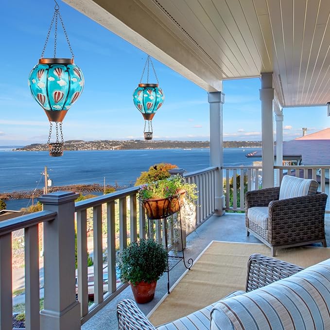 Solar Hot Air Balloon Lantern Flickering Flame, Sky Blue Glass Hot Air Balloon Solar Lantern Outdoor Waterproof, Decorative Hanging Hot Air Balloon Solar Light for Outside Garden Patio Yard