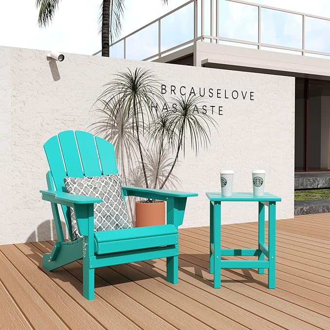 WO Home Furniture Adirondack Chair Table Set of 2 PCS Outdoor Folding Chair w Side Table Weather/UV Resistant for Lawn, Garden, Bon Fire, Balcony (Turquoise)