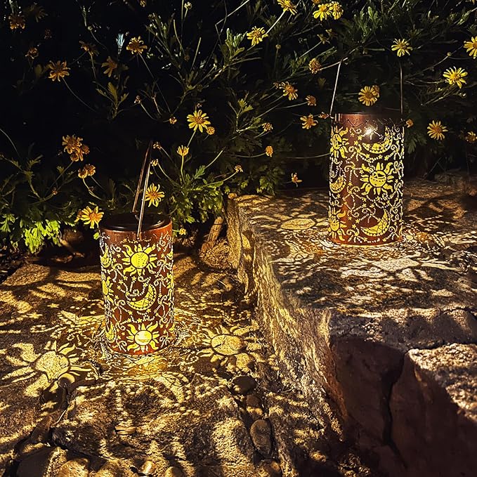 Solar Lanterns Outdoor Hanging Lantern Lights,Sun Moon Metal Decor Lanterns-Waterproof LED Decorative Light for Garden Patio Yard Lawn Backyard Front Porch as Gifts for Mom Grandma Women