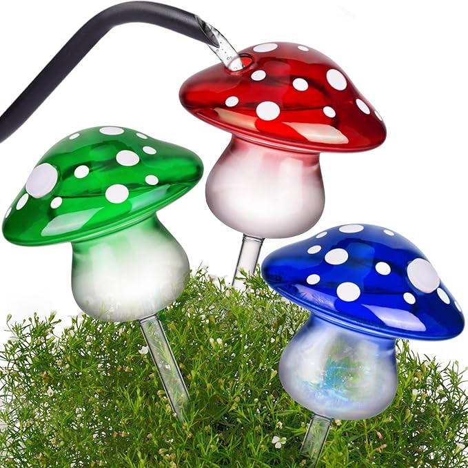 NiHome Glass Mushroom Plant Self Watering Globe Set of 3 Colors, Durable Hand-Blown Glass Bulbs Automatic Home Plant Hydration System for up to 3 Weeks, Easy Refill Design with Adjustable Flow Rate