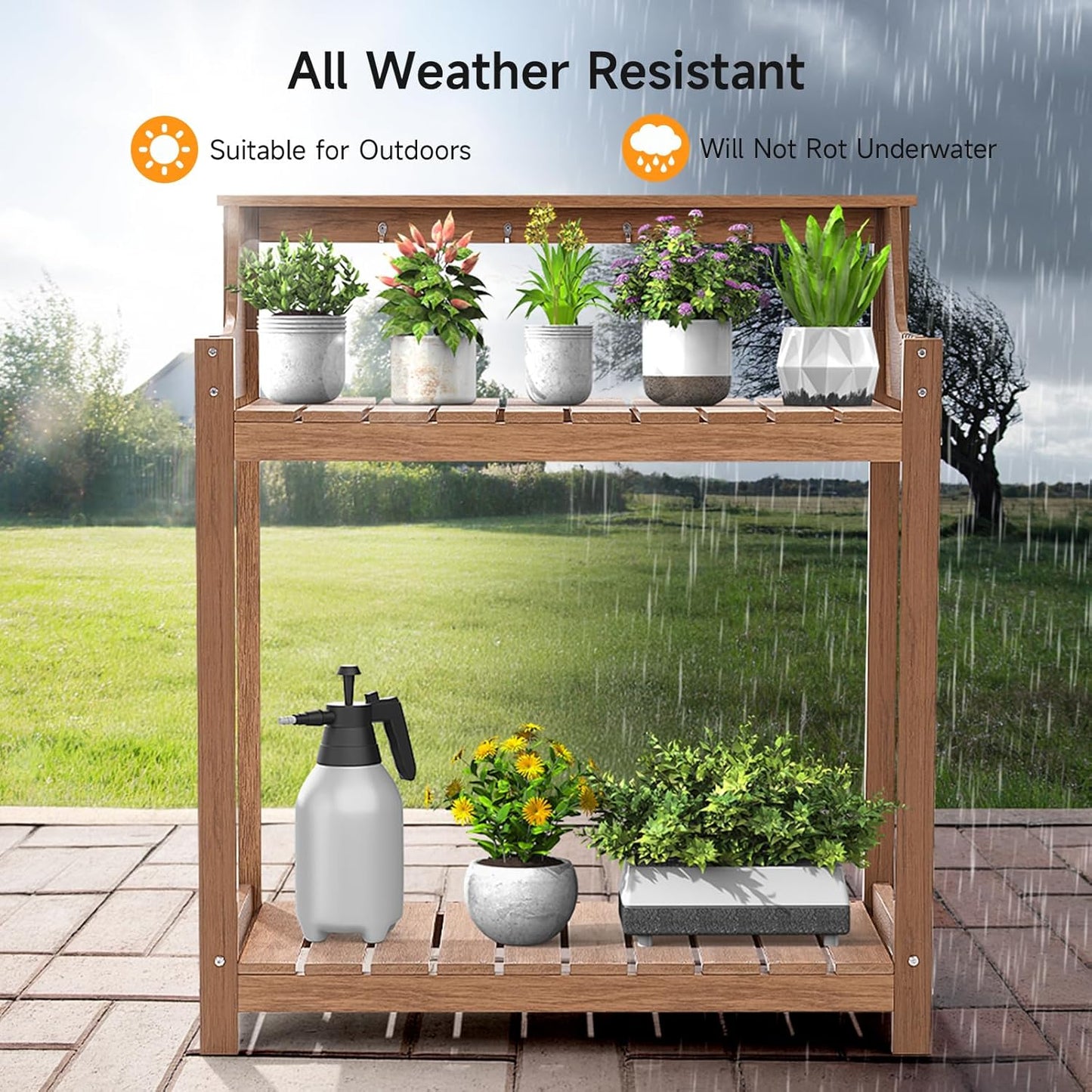 HDPS Potting Bench, All Weather Potting Table with 8 Hooks and Highten Tabletop, Easy Assembly Garden Work Bench, Outdoor Potting Benches for Outside Patio Lawn, 360LBS Capacity, Teak