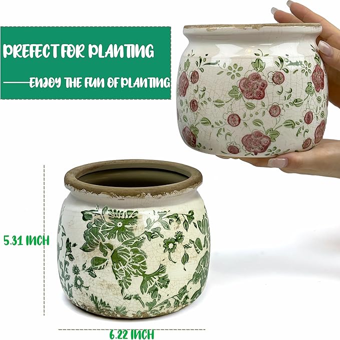 Vintage Ceramic Ice Crack Flower Pot with Drainage Holes, Country Rustic Planters for Indoor and Outdoor,Tuscan Decor,Home,Living Room, Garden Decor, Gardening Gift (Country)