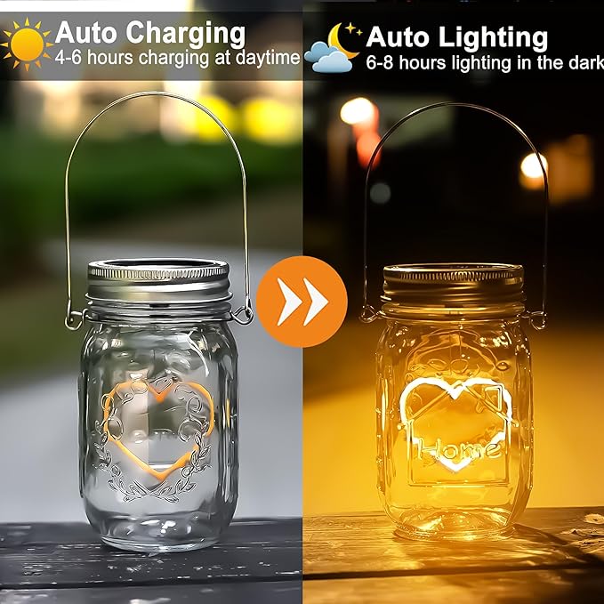 Hanging Solar Mason Jar Lights, 4 Pack Warm Heart Shape Led Lights, Solar Powered Lanterns Outdoor Waterproof, Hangers and Jars Included, Gift for Lover, Home Party Wedding Garden Patio Decor (4)