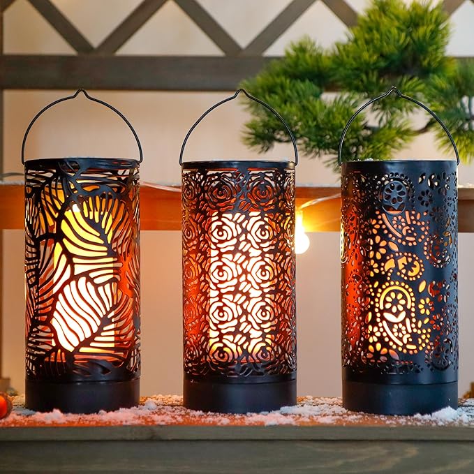 TRIROCKS Set of 3 LED Cordless Metal Lantern with Timer 7" H Moving Flame Lamp Battery Operated Breathing Lamp Floral Hollow LED Hanging Lighting for Indoor/Outdoor Patio Garden Party Gift