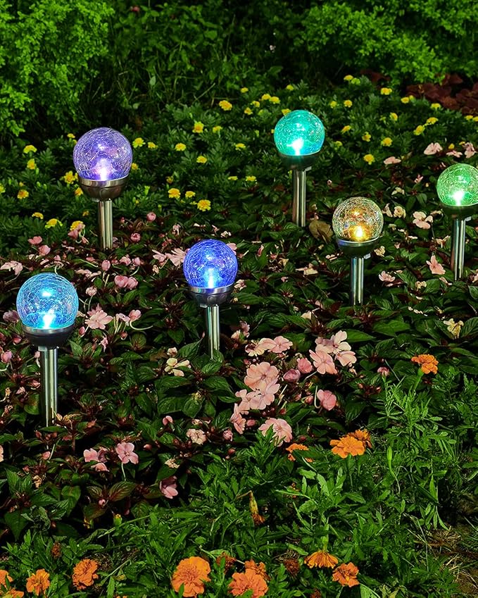 3 Pack Color Changing Outdoor Solar Landscape Lights - Waterproof Cracked Glass Ball LED Pathway Lights for Patio Garden Pathway Decoration