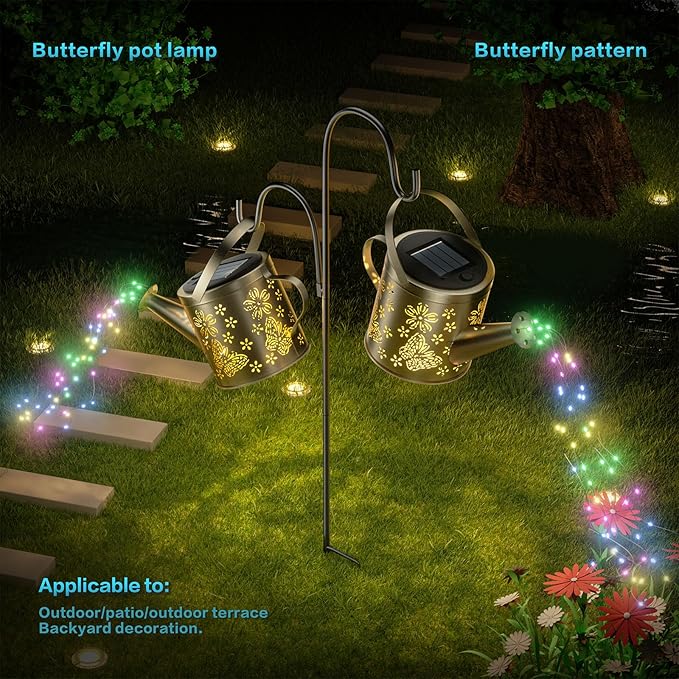 Solar Watering Can with Colorful Lighting, Waterproof Garden Decor, Birthday Gifts for Mom Grandma (Butterfly, 32 inch Shepherd Hook)