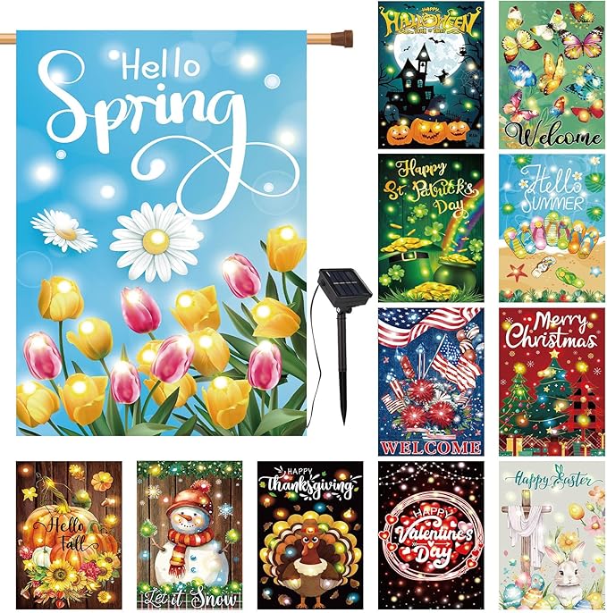 12 Pcs Solar Seasonal LED Garden Flags 28 x 40 Inch Double Sided Yard Flags Spring Easter Halloween Fall Thanksgiving Day Decorations Welcome Garden Flag Lawn Yard Outdoor Holiday Decoration
