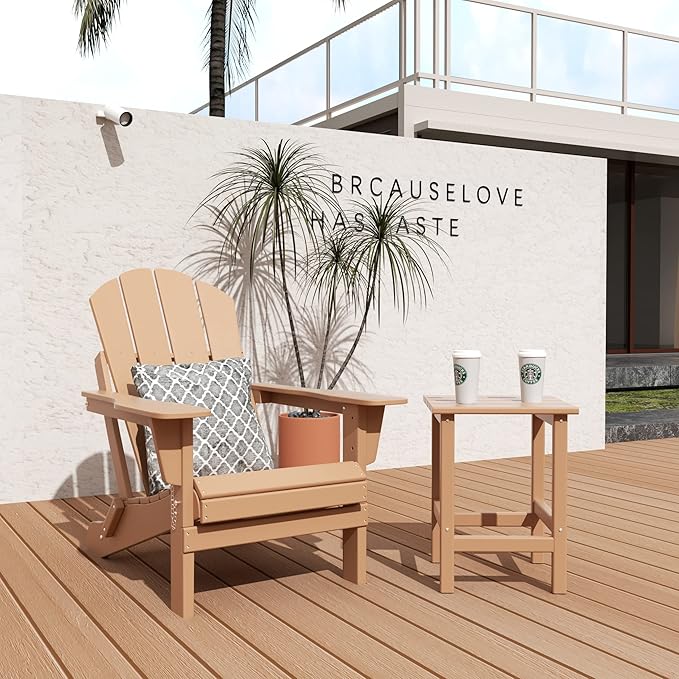 WO Home Furniture Adirondack Chair Table Set of 2 PCS Outdoor Folding Chair w Side Table Weather/UV Resistant for Lawn, Garden, Bon Fire, Balcony (Teak)
